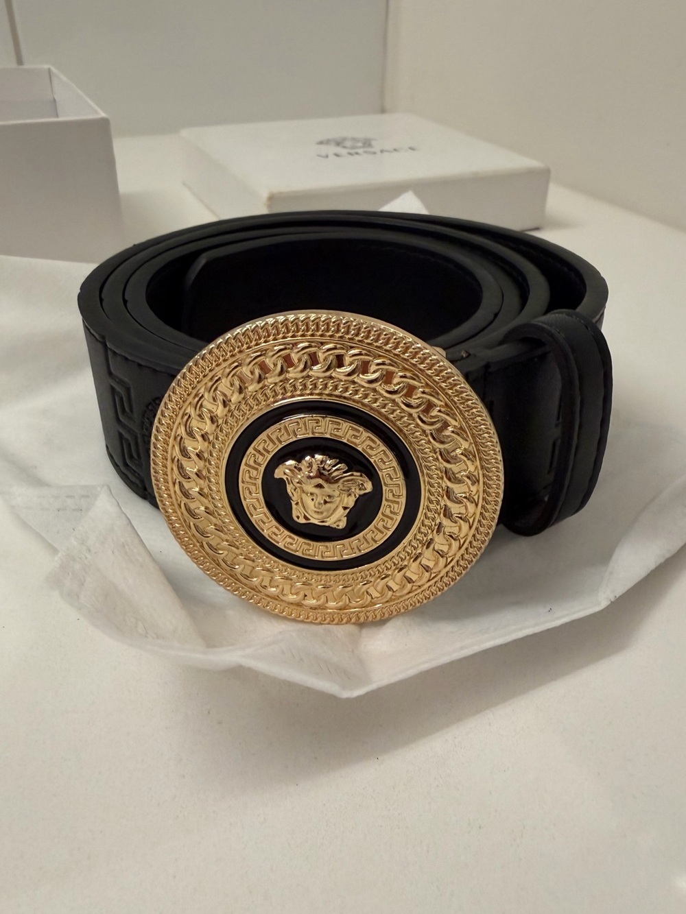 Versace Black Leather Belt with Gold Medusa Round Buckle